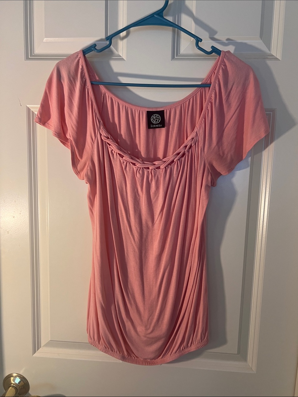 bobeau Coral Pink Short Sleeve Braided Scoop Neck Top